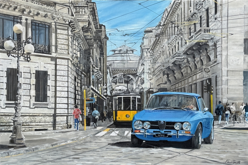 1968 Alfa Romeo 1750 GTV,driving in Milan city centre.|Original oil paint on linen by artist Paul Smith.|H80 x l120 cm.|Sold