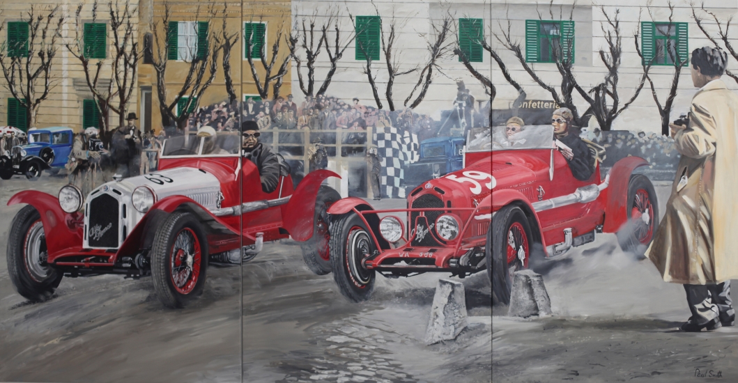 Alfa Romeo Monza, 1934 Mille Miglia.|Original oil paint on Linen canvas painting by artist Paul Smith.|Triptych H 72 x L 138 inches ( H183 x L 350 cm).|SOLD