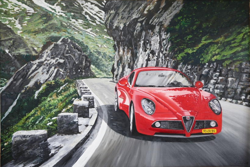 Alfa Romeo 8C on a mountain Road in Switzerland.|Original oil paint in Linen canvas painting by artist Paul Smith.|80 x 120 cm.|SOLD