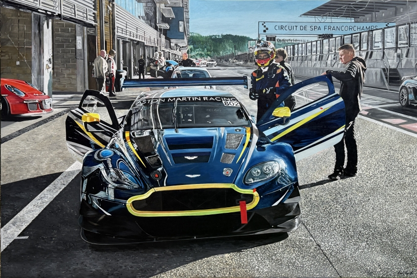 Aston Martin Vantage GT3 at pit lane Spa.|Original oil paint on linen painting by artist Paul Smith.|H72 x L108 inches (H183 x L275cm).|SOLD.
