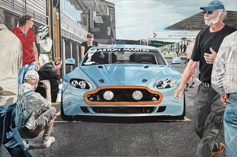 Aston Martin Vantage GT4 in the pit lane at Spa.| Original oil paint on linen by artist Paul Smith.|H 72 x L108 inches (H183 x L275 cm).|SOLD