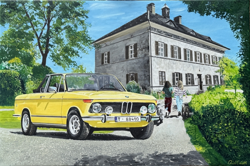1974 BMW 2002 Tii Cabriolet,parked in front of Schloss Haiming Germany.|Original oil paint on linen by artist Paul Smith.|H80 xL120 cm.|Sold.