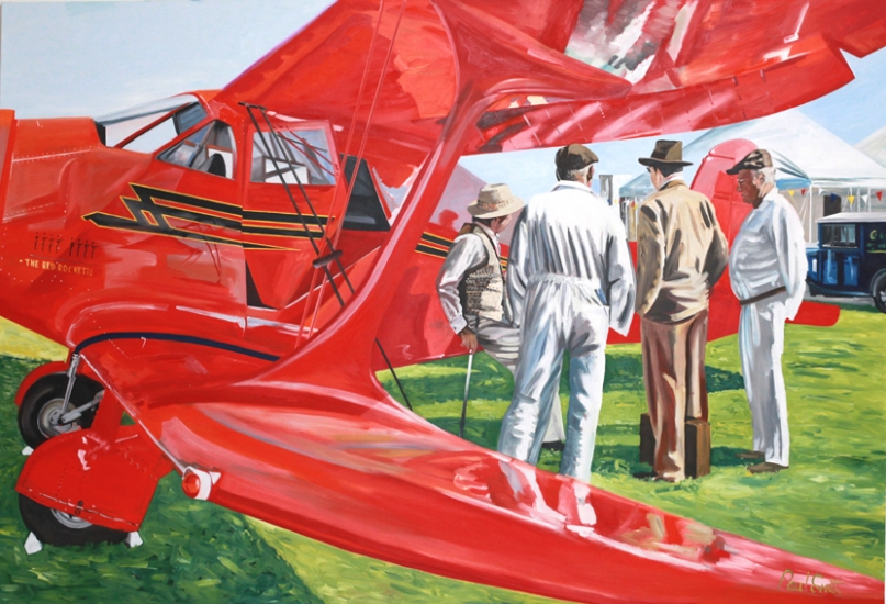 Beechcraft D117-S Stagerwing at Goodwood.|Original oilon linen canvas painting by artist Paul Smith.|72 x108 inches (183 x 275cm).| POA.