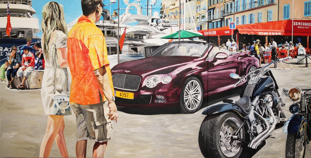 Deep purple Bentley continental GT Speed, in St Tropez.| Original oil on linen canvas painting by artist Paul Smith.|Triptych,painted on three separate canvases.|Total dimensions 72 x 144 inches (183 x 366cm).|SOLD