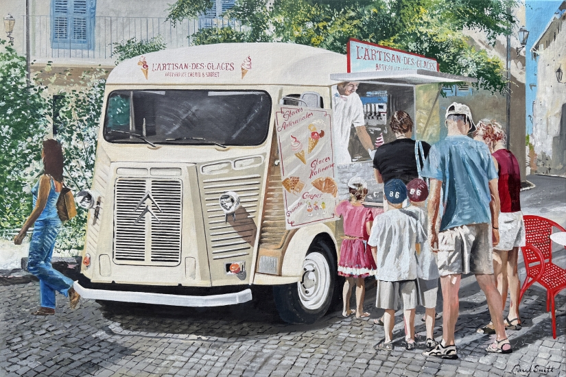 Citroen HY, Real Artisanal Ice Cream Van, in market area of St Tropez.|Original oil paint on lnen painting by artist Paul Smith.|H80 x L120 cm.|Sold.