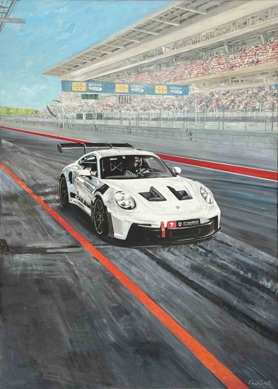 Diego driving his Porsche GT3 at Montelo circuit Barcelona Catalunya.|Original oil paint on linen canvas.|H140 xW100 cm.|Sold.