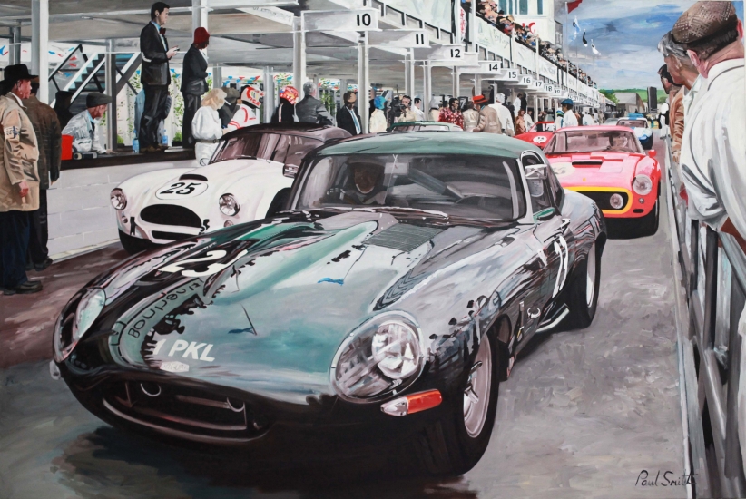 Pit lane scene at Goodwood with Jaguar E Type.|183 x 275 cm ( 72 x 108 inch)| Sold