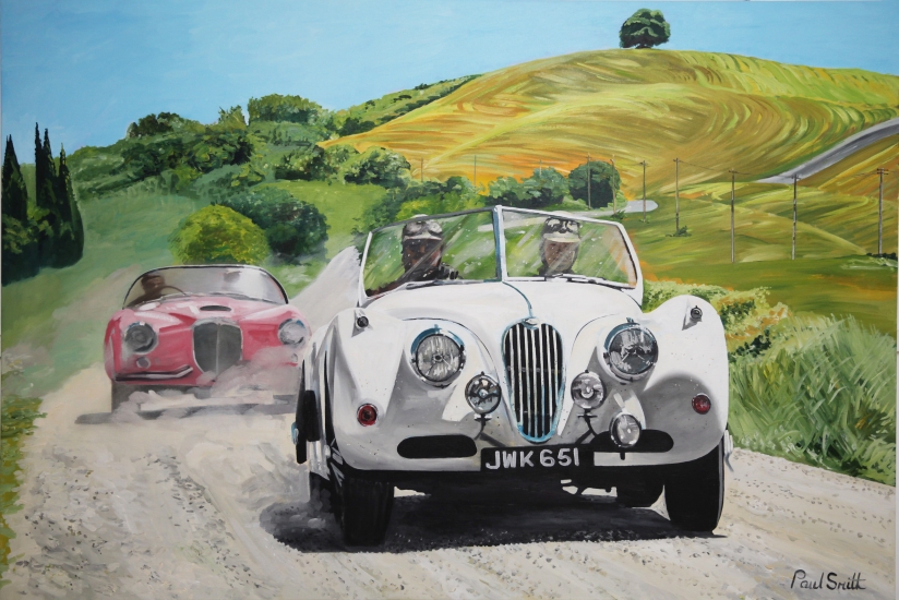 Jaguar XK 120 and Lancia Aurelia,on the Mille Miglia.|Original oil on canvas painting by artist Paul Smith.|Dimension 48 x 72 inches,(122 x 183cm).|SOLD