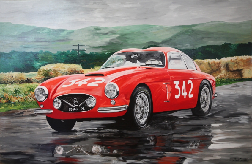 1956 Mille Miglia.||Fiat V8 Zagato.|Origianl oil on canvas painting by artist Paul Smith.|Dimensions 72 x 108 inches (183 x 275 cm).|SOLD