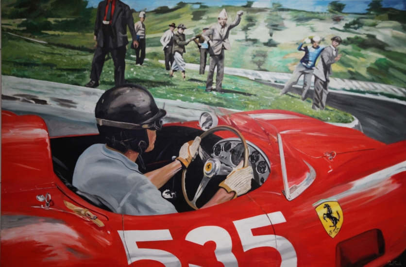 Piero Taruffi Ferrari 315s, winner the last Mille Miglia 1957.|Original oil on linen canvas painting by artist Paul Smith.|72 x 108 inches ( 183 x 275 cm).|SOLD