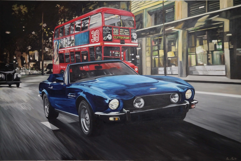 Friday evening in London with Aston Martin.|Original oil on linen canvas painting by artist Paul Smith.|72 x 108 inches ( 183 x 275 cm).|SOLD