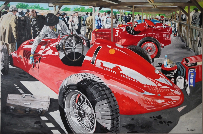 Goodwood Revival in the Paddock.|Original oil on linen canvas painting by artist Paul Smith.|48 x 72 inches (122 x 183 cm).|SOLD