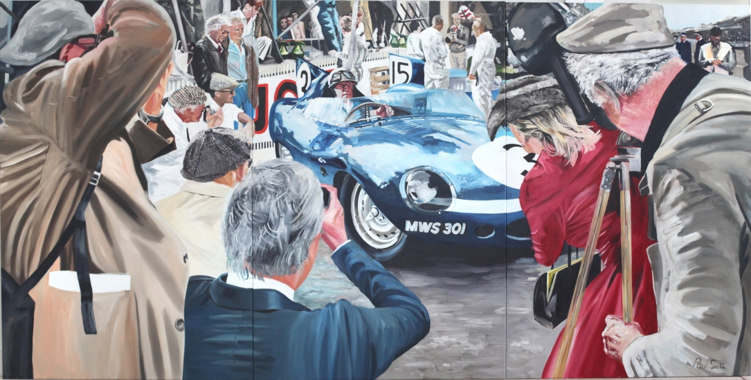 Le Mans 1957 pit lane view Eccuie Ecosse Jaguar D Type,|Driven by Ron Flockhart and Ivor Bueb.| Triptych,painted on 3 separate canvas.|Original Oil on canvas painting.|72 x 144 inches (183 x 366 cm).|SOLD