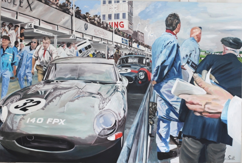 Goodwood TT 2014,|Jaguar E type and the winning AC Cobra,|In the Pit Lane 72 x 108 inches (183 x 275 cm).|� POA