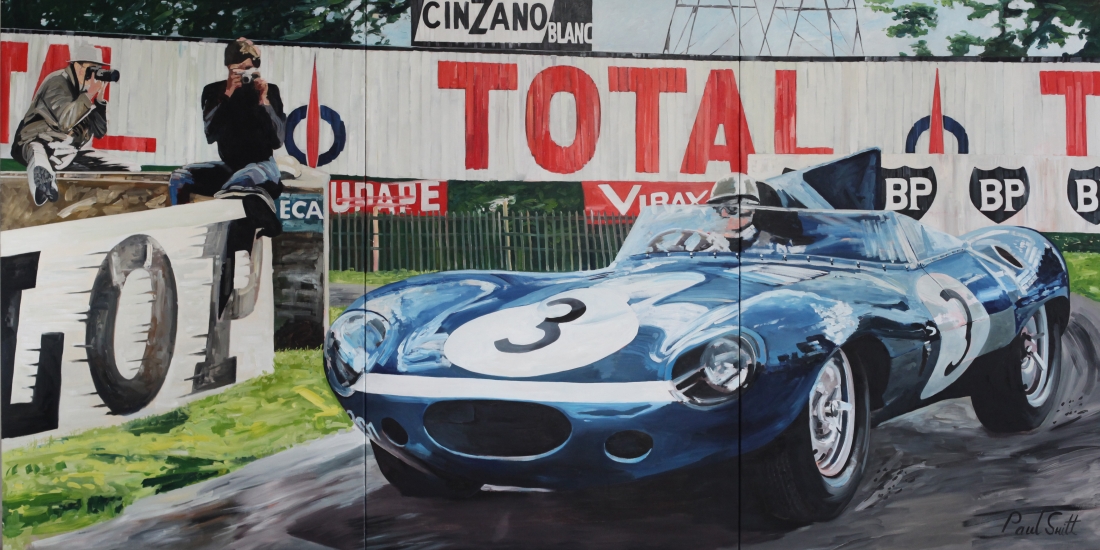 Le Mans 1957.|The winning Jaguar D Type,|Eccurie Ecosse,driven by Ron Flockhart and Ivor Bueb.|Triptych,painted on 3 separate canvas.|Original Oil on canvas painting.|72 x 144 inches (183 x 366 cm).|� POA|