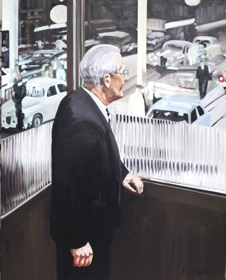 Sir William Lyons, Looking over the Jaguar assembly area.|60 x 48 inches (152 x 122 cm).|SOLD