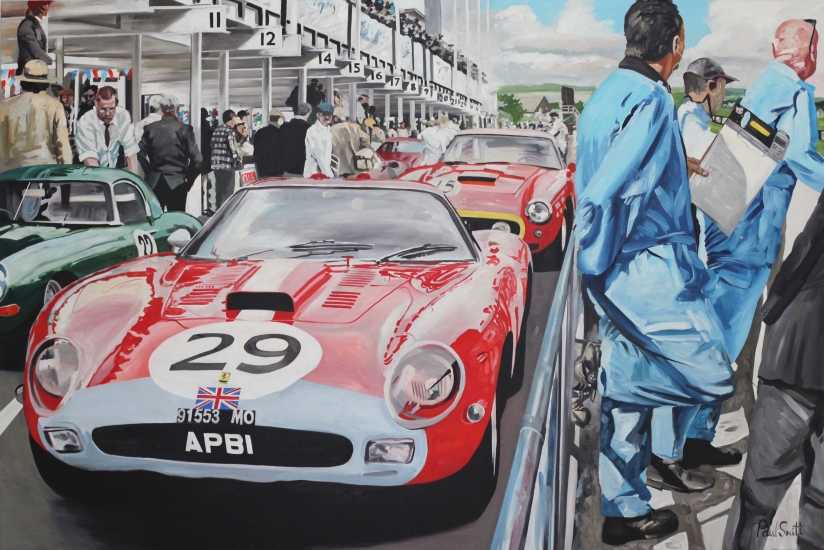 Goodwood TT 2014.|Ferrari in the pit lane.|Original oil on linen canvas painting by Paul Smith.|72 x 108 inches ( 183 x 275 cm).| SOLD