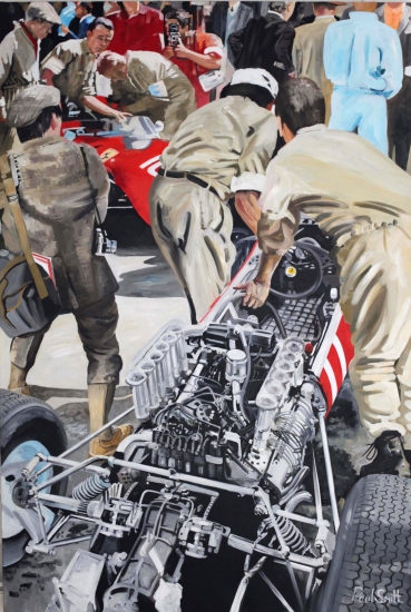 1965 Monaco GP,Ferrari V12 engine|1.5 litre masterpiece.|108 x 72 inches (275 x 183 cm).|Original oil on linen canvas. painting by Paul Smith.|SOLD