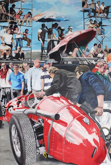 Spectators and 250F Maserati at Monza.|Original Oil on Linen Canvas painting by Paul Smith.|108 x 72 inches ( 275 x 183 cm).|SOLD