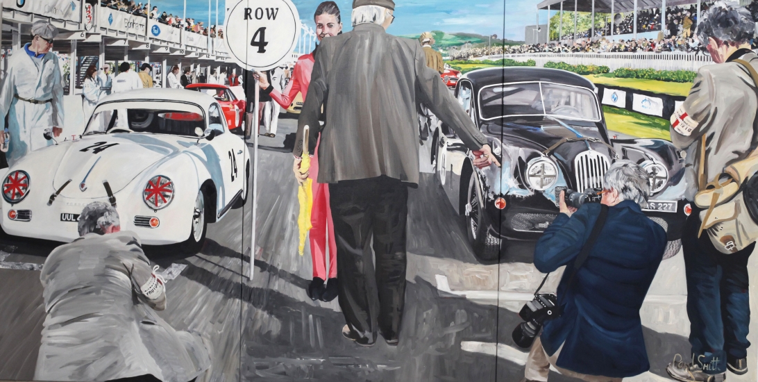 Porsche 356 and Jaguar XK 140, on the starting grid at Goodwood.|Original Oil on Canvas painting by Paul Smith.| Triptych,painted on 3 separate canvas.|72 x 144 inches ( 183 x 366 cm ).|SOLD