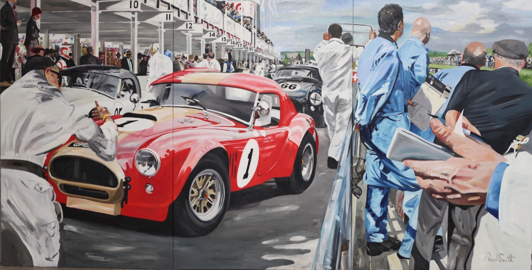 AC Cobra in the Pit lane at Goodwood.|Original Oil on Canvas painting by Paul Smith.| Triptych,painted on 3 separate canvas.|72 x 144 inches ( 183 x 366 cm ).|SOLD