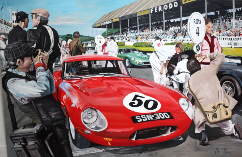 Jaguar E type at Goodwood Revival TT Celebration 2014.|Original Oil on Canvas painting by Paul Smith.|72 x 108 inches ( 283 x 275 CM ).|SOLD