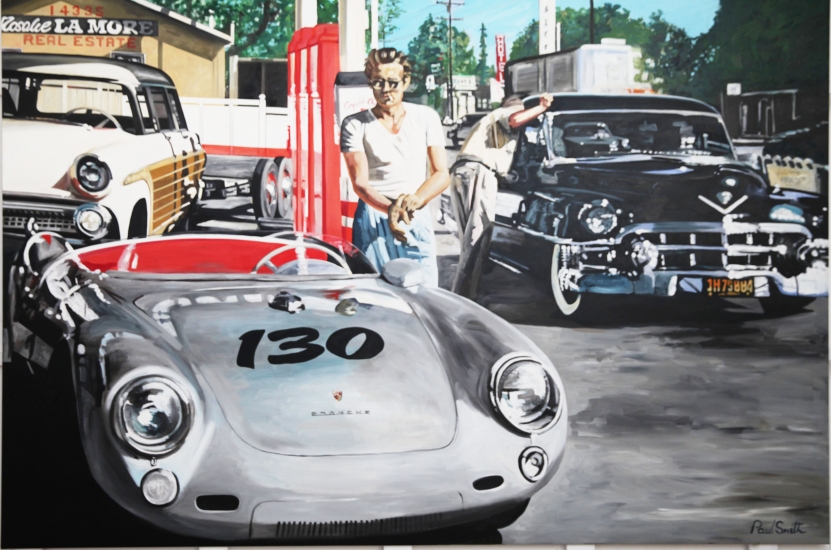 James Dean in a petrol station with his Porsche 550 Spyder.|Original oil paint on linen canvas by artist Paul Smith.|72 x 108 inches ( 183 x 275 cm).|SOLD