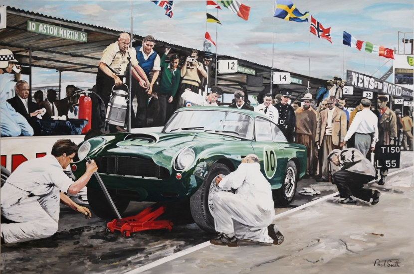 Aston Martin DB4 GT,Goodwood Pit Stop.|Original Oil on Canvas painting by Paul Smith.|72 x 108 inches (183 x 275 cm).|SOLD