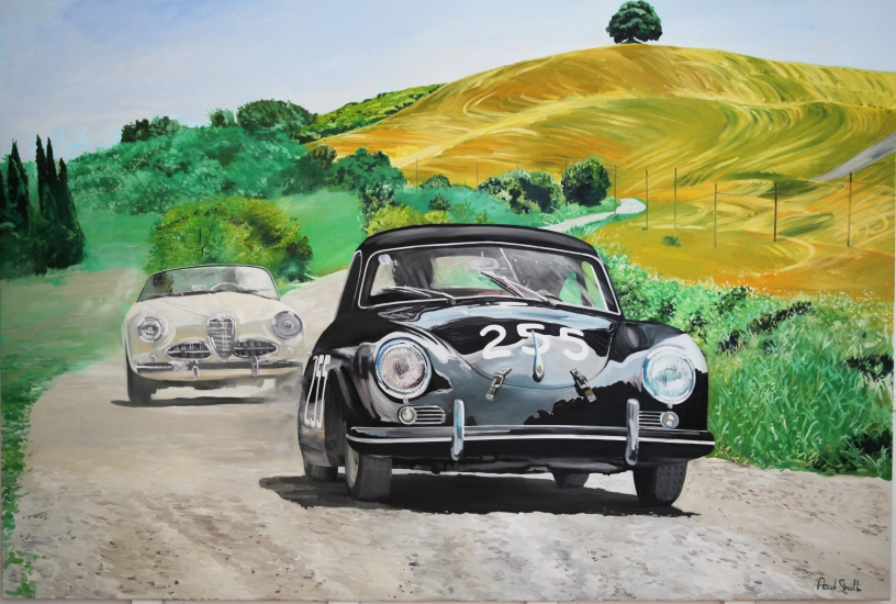 1956 Mille Miglia Porsche 356.|Original Oil on Linen Canvas painting.|72 x 108 inch (183 x 275cm).|SOLD