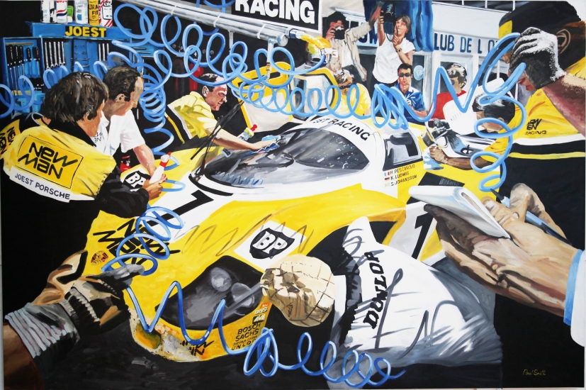 Le Mans 1985 Jost racing Porsche 956, Klaus Ludwig and Jon Winter.| Original Oil on Linen Canvas painting by Artist Paul Smith.| 72 x 108 inches (183 x 275 cm).| SOLD