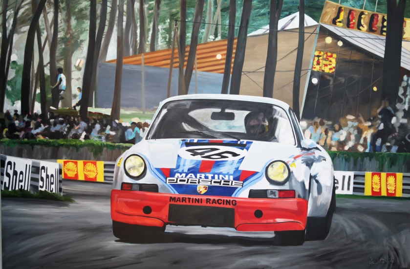 1973 Le Mans Martini Racing Team Porsche 911 Carrera RSR.| Original Oil on Linen Canvas by Artist Paul Smith.| 72 x 108 inches (183 x 275 cm).| For Sale SOLD