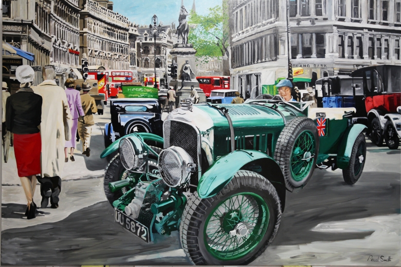 Blower Bentley on Holborn High Street, London ca 1930.|Original oil on linen canvas painting by artist Paul Smith.|72 x 108 inches (.183 x 275 cm).|SOLD