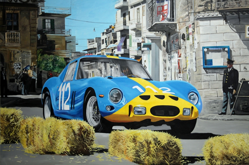1964 Targa Florio, Ferrari 250 GTO.|original oil on linen canvas painting by artist Paul Smith.|72 x 108 inches(183 x 275 cm).|SOLD