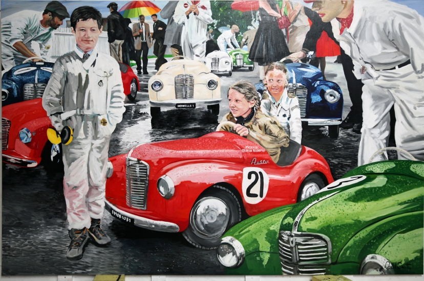 Settringen Cup Goodwood Revival.|Come on Morris,can we go now?|Oil on linen canvas painting by artist Paul Smith.|72 x 108 inches ( 183 x 275 cm).|SOLD