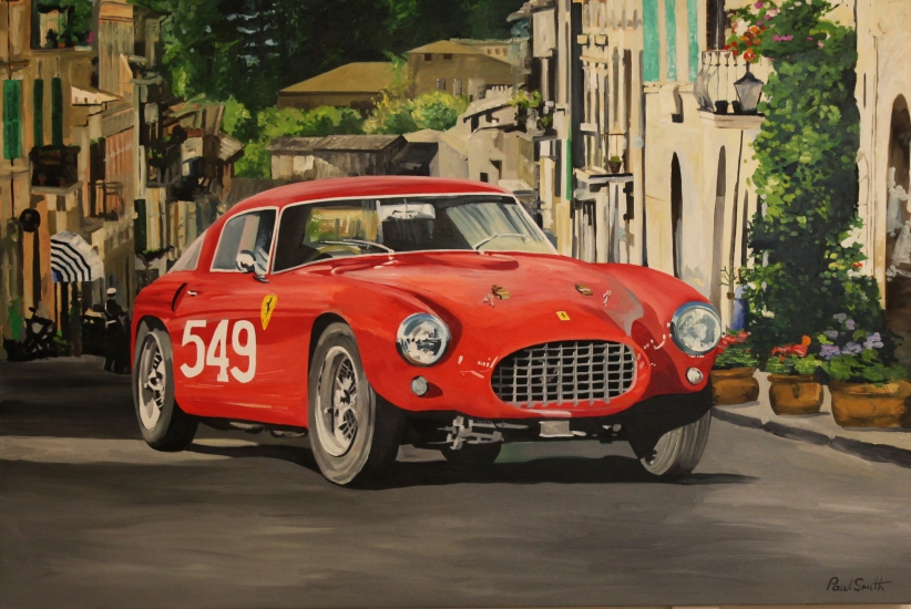 1954 Mille Miglia, Ferrari 250 MM.|Original oil on linen canvas painting by artist Paul Smith.|48 x 72 inches ( 122 x 183 cm).|Sold