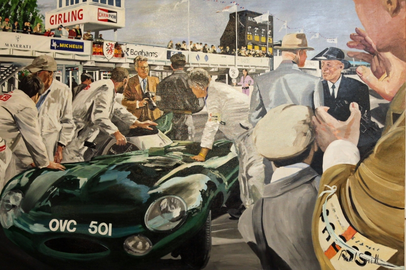 Sir Stirling Moss at Goodwood Revival 2010, with Jaguar D Type.|Original oil on canvas painting by artist Paul Smith.|48 x 72 inches (122 x 183 cm ).|SOLD 