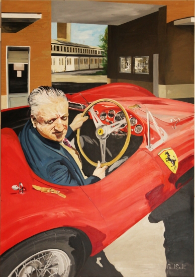 Enzo Ferrari, test driving a 500TRC.|Original oil on linen canvas painting by artist Paul Smith.|79 x 55 inches (200 x 140 cm ).|Sold