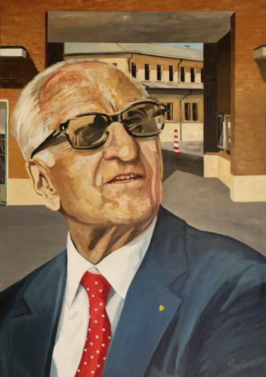 Enzo Ferrari.|Original oil on canvas painting by artist Paul Smith.|79 x 55 inches (200 x 140 cm).|Sold