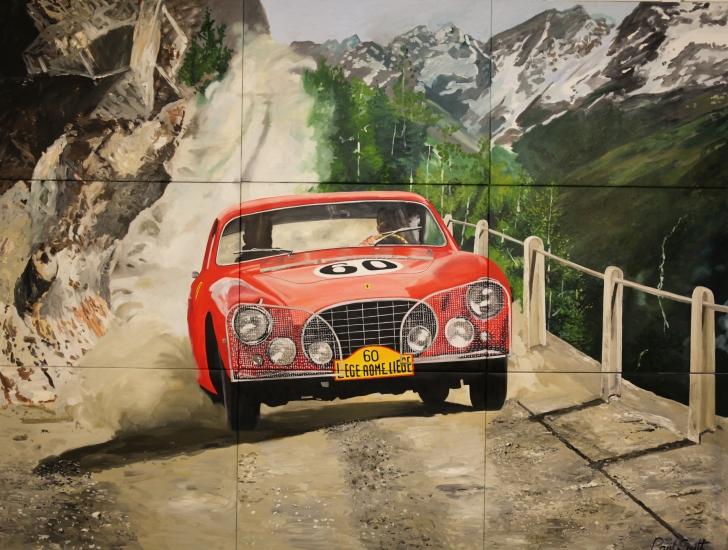 Ferrari 250 Europa on a mountain road ,1955 Liege Rome Liege rally.|Driven by Oliver Gendebien and Pierre Stasse.|Multi canvas painting,9 separate canvases mounted together.|108 x 144 inches (275 X 366cm)|Original oil on canvas painting by artist Paul Smith.|POA 