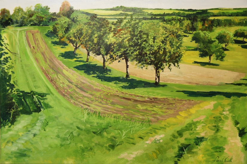 Fruit treas near Monsheim,( Heckengaeo).|Original oil on linen canvas painting by artist Paul Smith.|Dimensions 24 x 36 inches ( 62 x 91 cm).|� POA