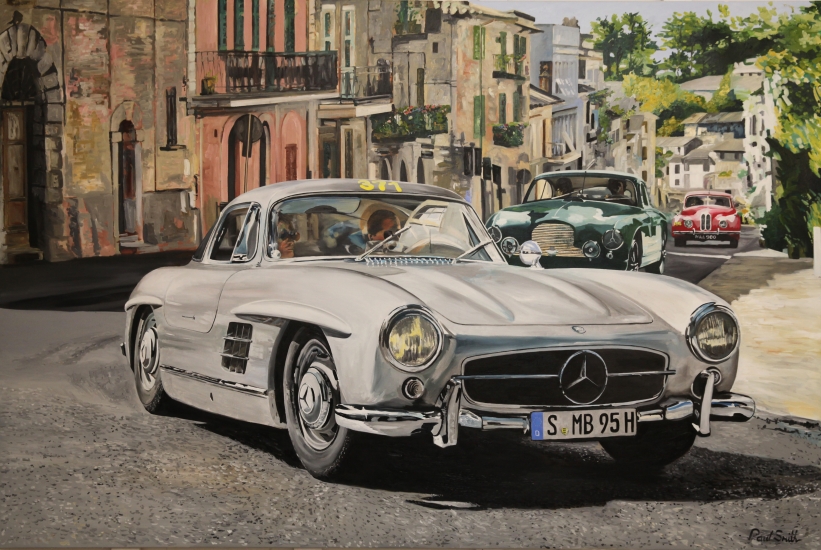 Mercedes 300 SL Gullwing,Mille Miglia,Ronciglione italy.|Original oil on canvas painting by artist Paul Smith.|Dimensions 72 x 108 inches (183 x 275 cm).|SOLD