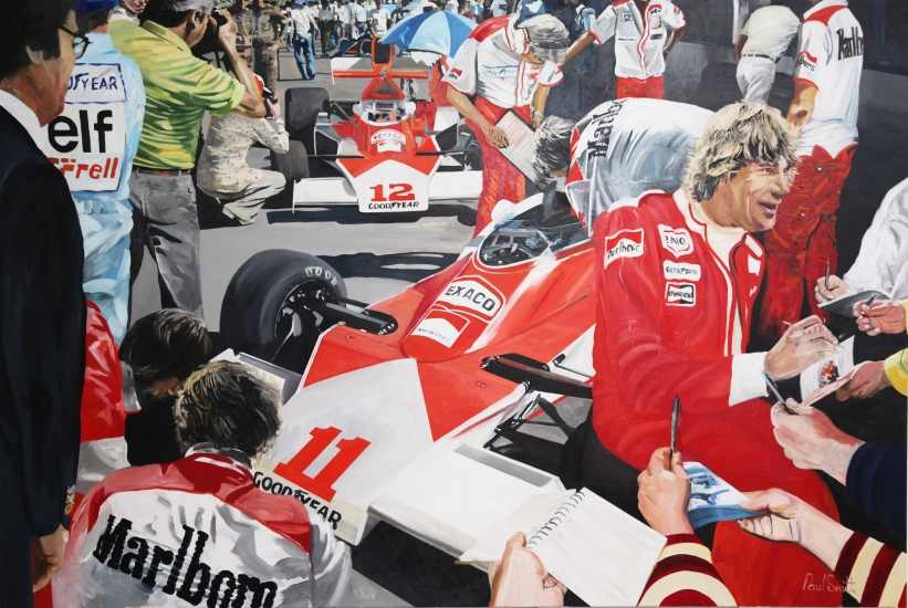 Paddock scene British GP 18 July 1976, James Hunt signing autographs.|Original oil on linen canvas painting by artist Paul Smith|72 x 108 inches ( 183 x 275 cm).| SOLD