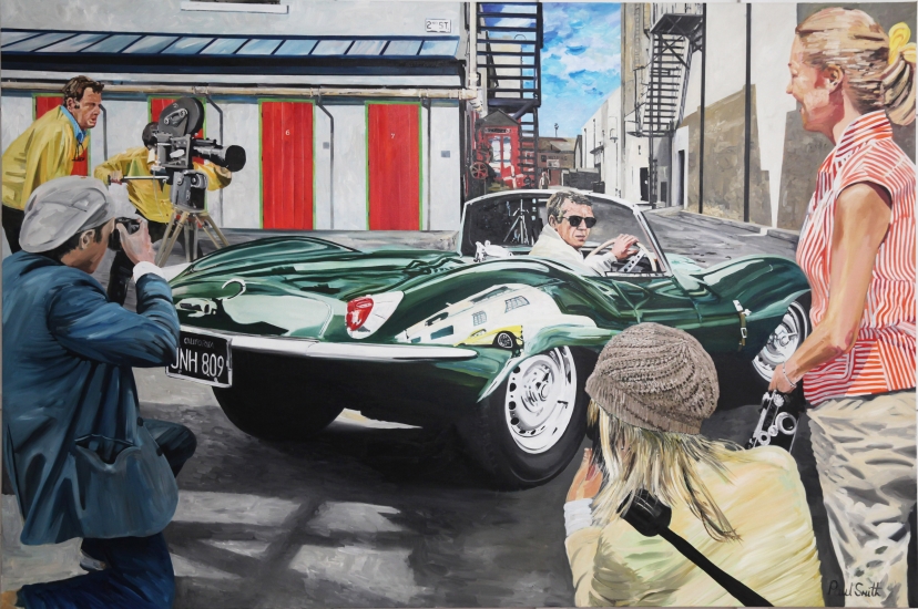 Steve Mcqueen driving  a Jaguar XKSS at California  film Studio June 1963.| Original oil on linen canvas painting by artist Paul Smith.|72 x 108 inches (183 x 275cm).|SOLD