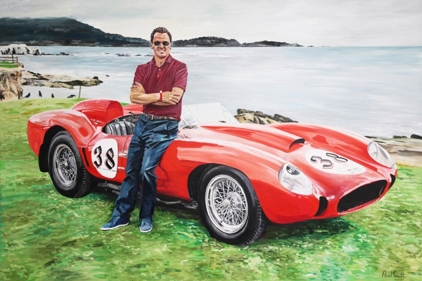 Tom Hartley Jnr. with Ferrari 250 Testa Rossa chassis No 0704 at Pebble Beach 2014.|Original oil on linen canvas painting by artist Paul Smith.|72 x 108 inches (183 x 275 cm)SOLD.