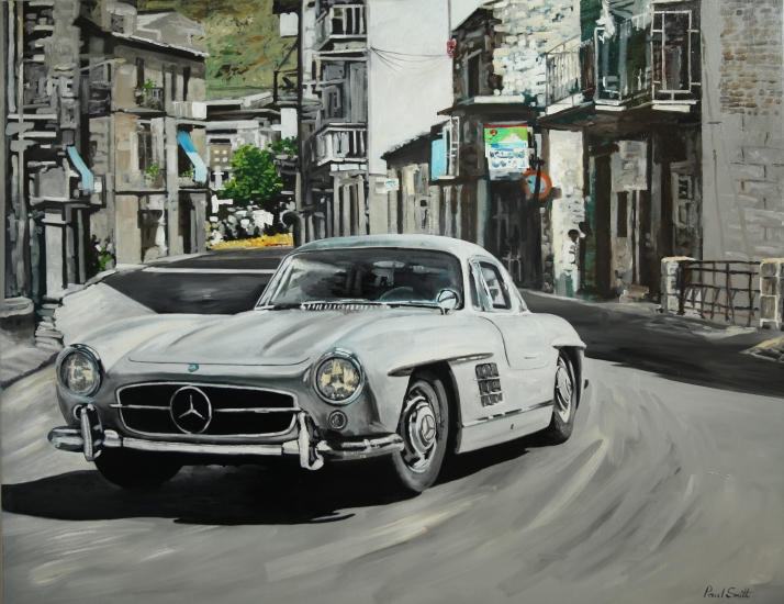 Mercedes 300SL Gullwing in the Mille Miglia.|Original oil on linen canvas painting by Artist Paul Smith.|46  x 60 inches (117 x 152 cm).|SOLD