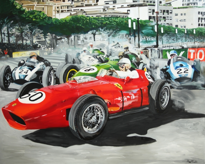 1959 Monaco GP, Ferrari 246 Dino,Cooper T5and Lotus16.|Original oil on linen canvas painting by Artist Paul Smith.|48 x 60 inches (122 x 152 cm).|SOLD