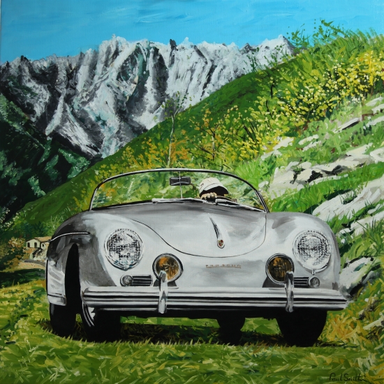 Porsche 356 Speedster in the Dolomite.|Original oil on linen canvas painting by Artist Paul Smith.|46 x 46 inches ( 117 x 117 cm).|SOLD