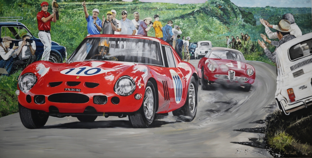 Targa Florio 1964, Ferrari 250 GTO and Alfa Romeo.|Original oil paint on linen canvas painting by Artist Paul Smith.|150 x 300 cm.|SOLD