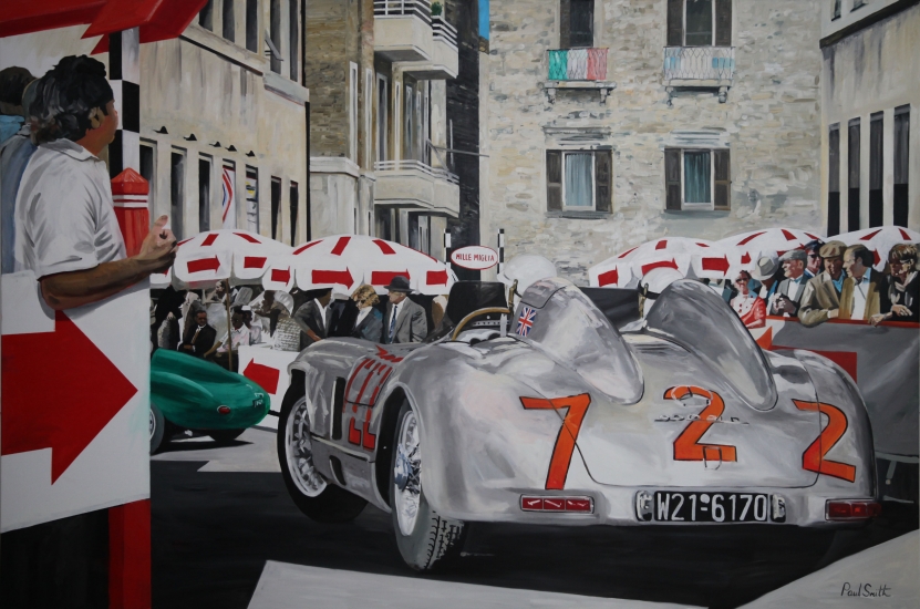 1955 Mille Miglia, |S.Moss-D.Jenkinson,Mercedes 300SLR.|Original oil on canvas painting by artist Paul Smith.|Dimensions 72 x 108 inches(183 x 275cm).|SOLD