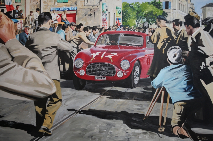 1951 Mille Miglia.|F. Cornacchia -G.Mariani, Ferrari 212 Export Berlinetta Vignale.|Original oil on canvas painting by artist Paul Smith.|Dimensions 72 x 108 inches(183 x 275cm).|SOLD